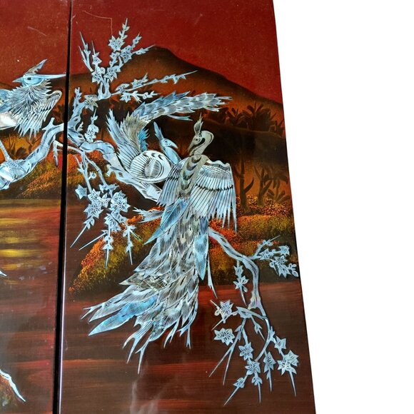 Chinese lacquered panels rooster pheasant bamboo mother of pearl inlay - Picture 6 of 11